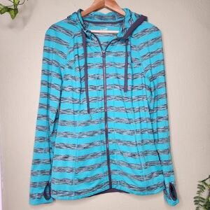 Lukka XL Striped Full-Zip Hoodie Jacket Teal Gray Thumbholes Athleisure Yoga
